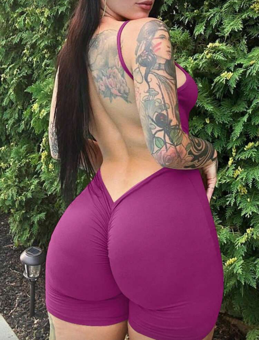 Macacão Curto Feminino de Cor Sólida com Costas Abertas para Verão